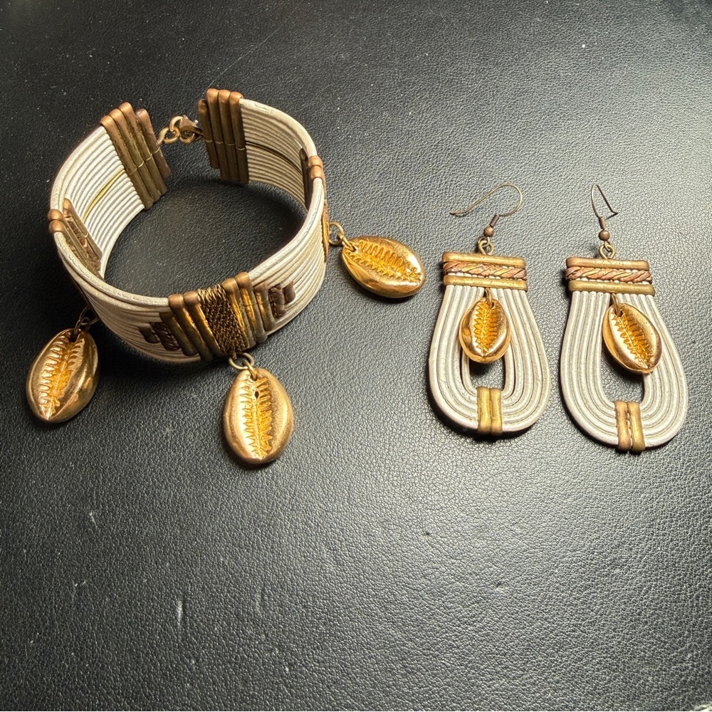 1970s Vintage Alexis Kirk Leather Egyptian Revival Bracelet & Earrings Set